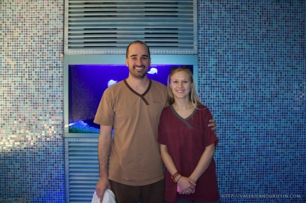 Griffin and Valerie in the cool room in our awesome Spa Land uniforms.  If you look closely in the back you can see some awesome fake(plastic) jelly fish floating around in a nice looking aquarium.